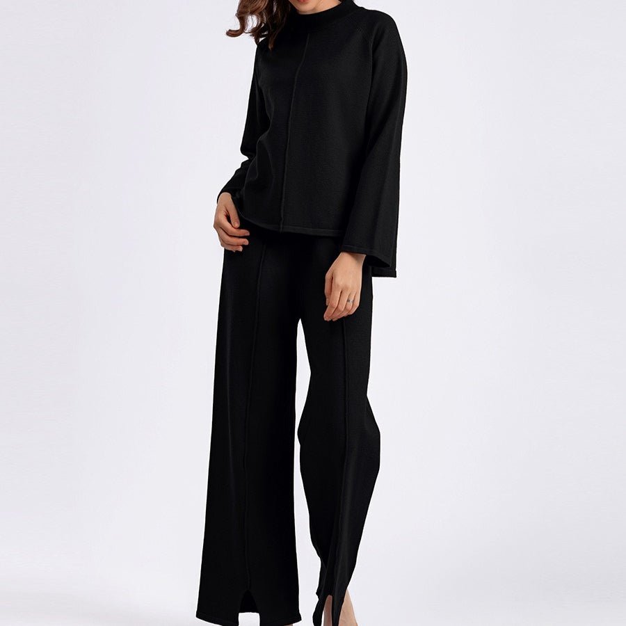 Loose Fit Solid Color Knit Two-Piece Set | Pullover Sweater & Wide Leg Pants with Side Slits(MS143)