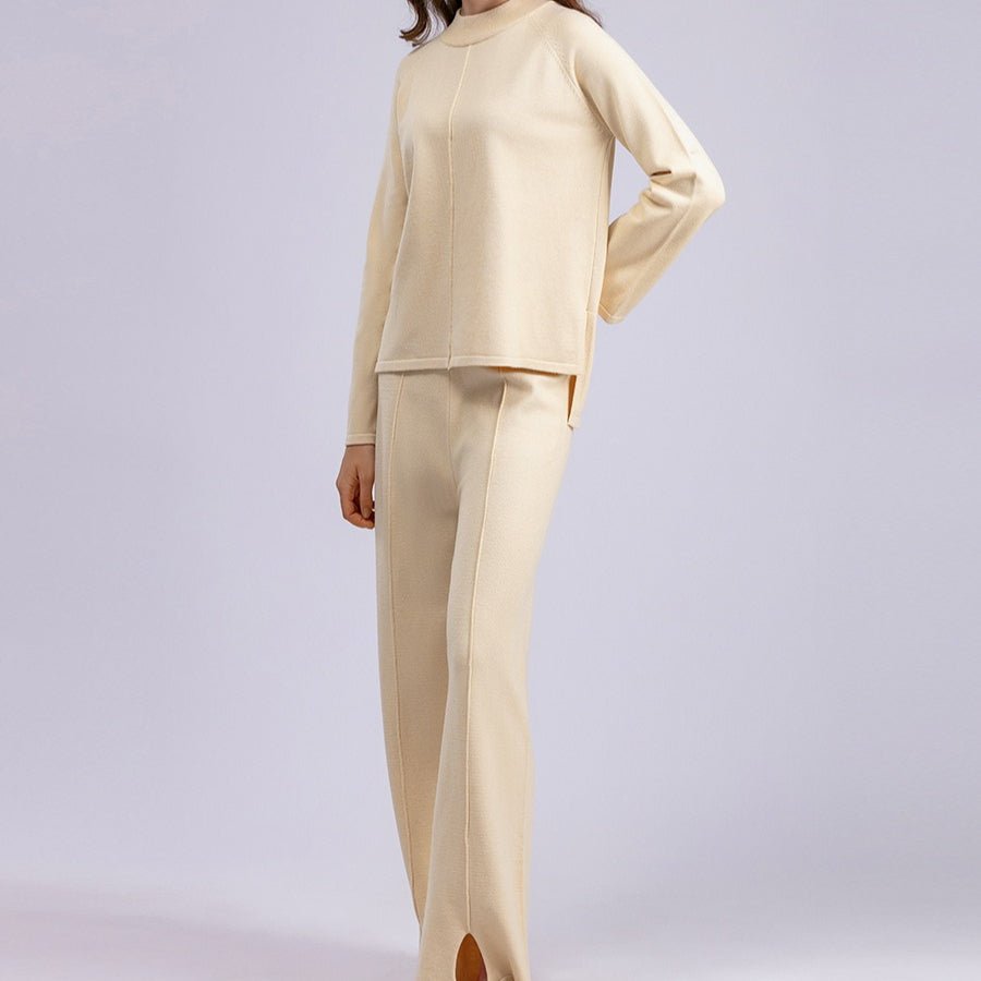 Loose Fit Solid Color Knit Two-Piece Set | Pullover Sweater & Wide Leg Pants with Side Slits(MS143)
