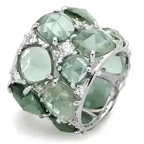 LOS764 Rhodium Sterling Silver Ring – Synthetic Emerald Glass Statement Piece