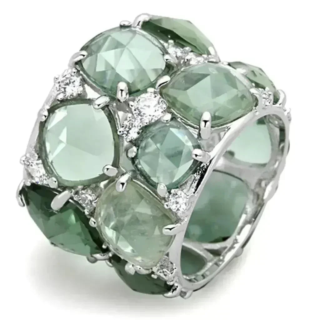 LOS764 Rhodium Sterling Silver Ring – Synthetic Emerald Glass Statement Piece