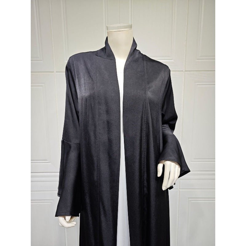 Lotus Leaf Sleeve Solid Soft Satin Open Front Abaya Dress | Lightweight Modest Abaya Cover(MOA220)