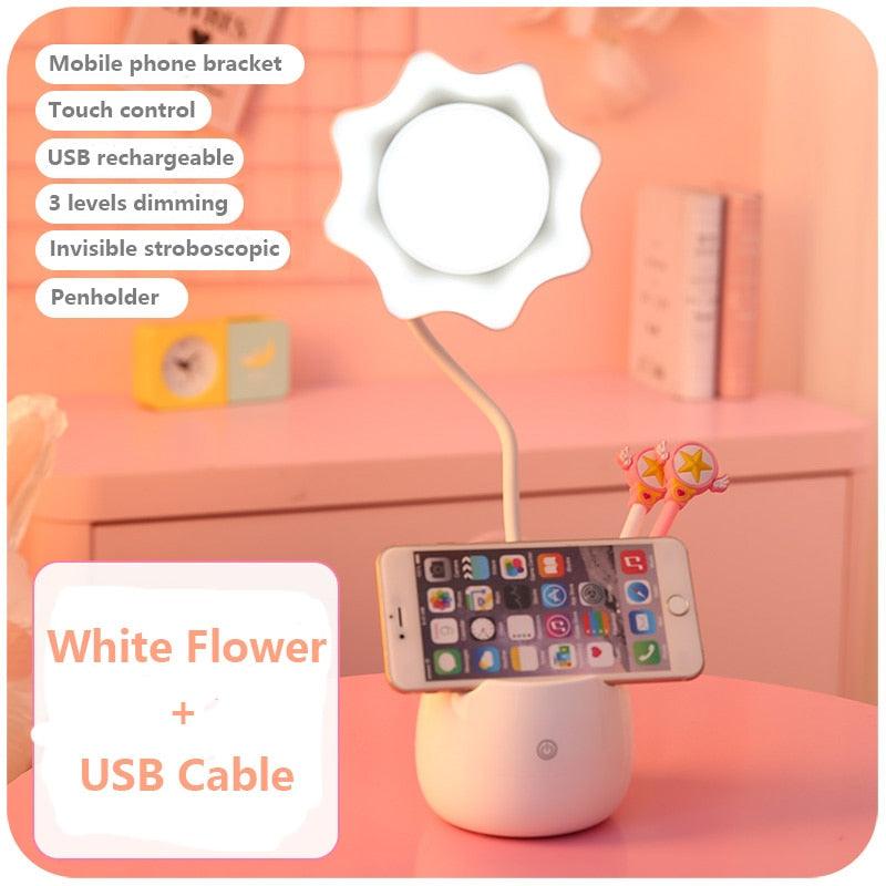 Lovely 3 Levels Dimmer Reading Table Lamp Pen Case Base Student LED Desk Lamp Girls Charge Bedside Lamp for Bedroom Studyroom Cute Study Lamps for Bedroom Décor