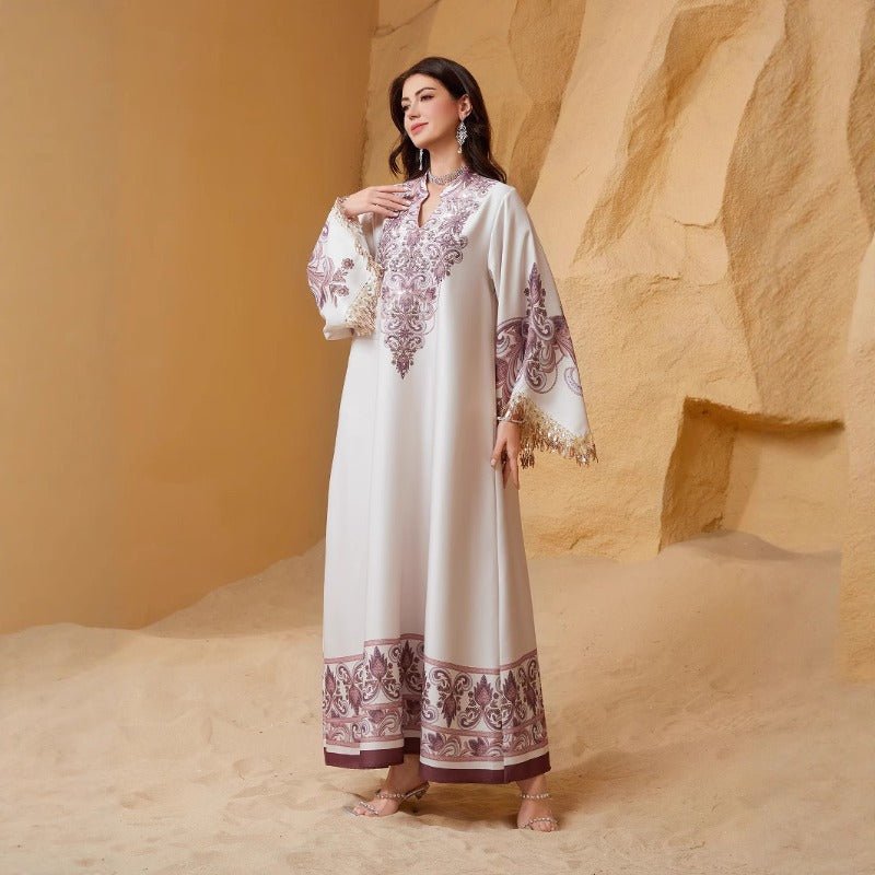 Luxe Embroidered Evening Abaya | Bell Sleeve Maxi Dress with Fringe Detail(MA338)