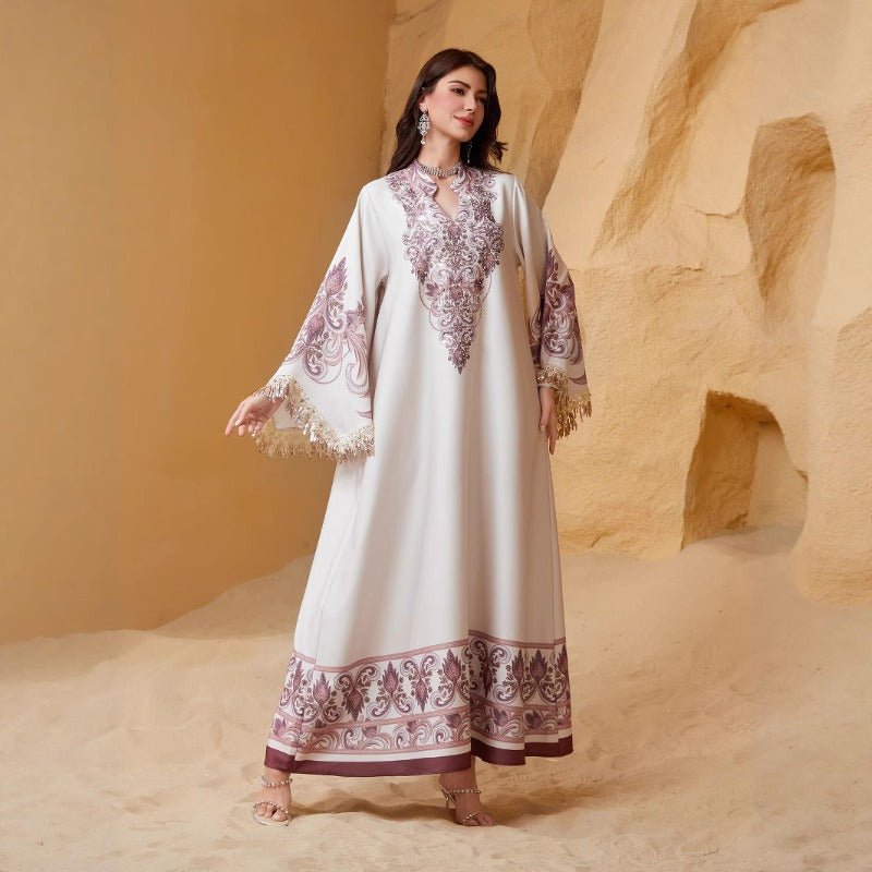Luxe Embroidered Evening Abaya | Bell Sleeve Maxi Dress with Fringe Detail(MA338)