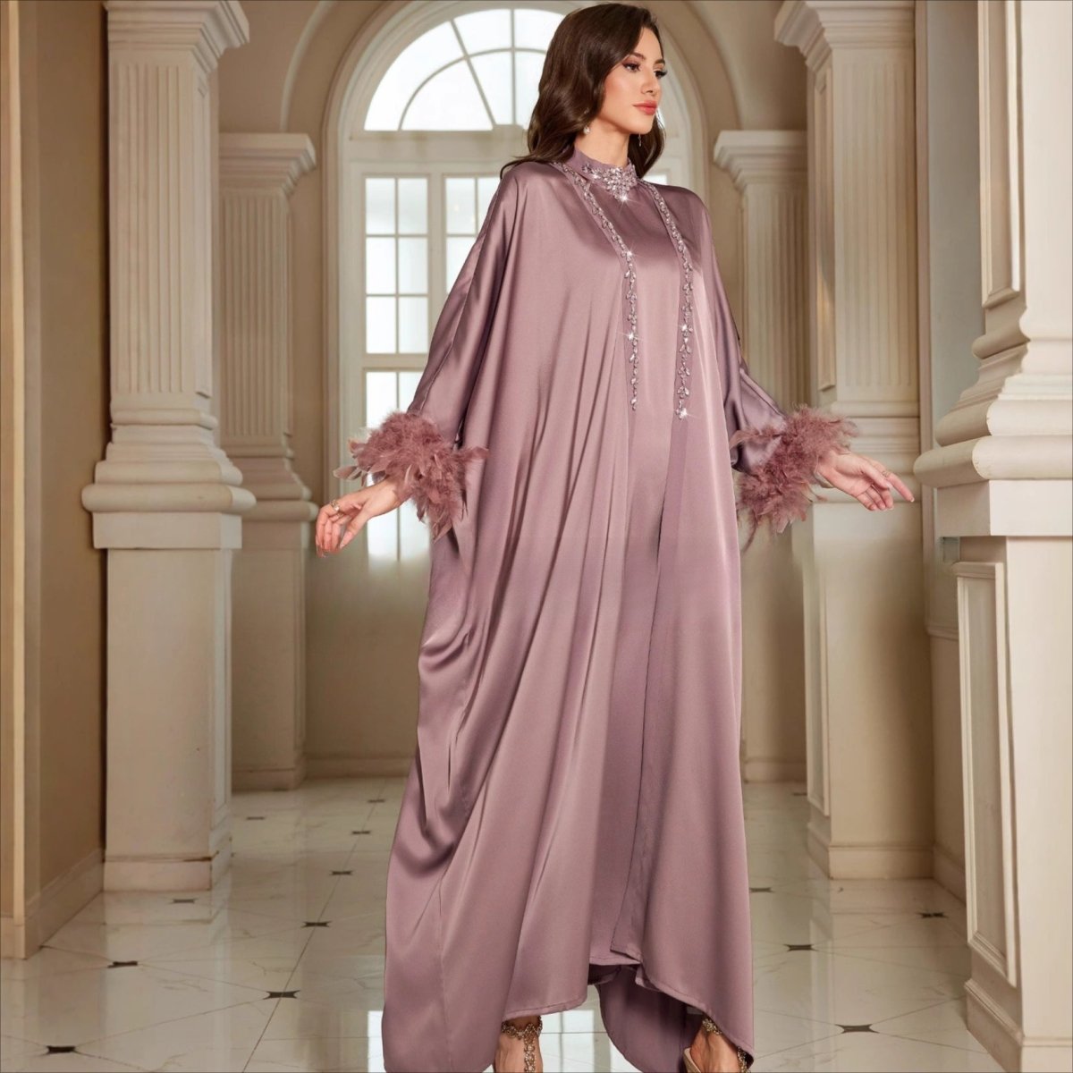 Luxe Satin Halter Dress & Feather Trim Cape Set(MOA250)