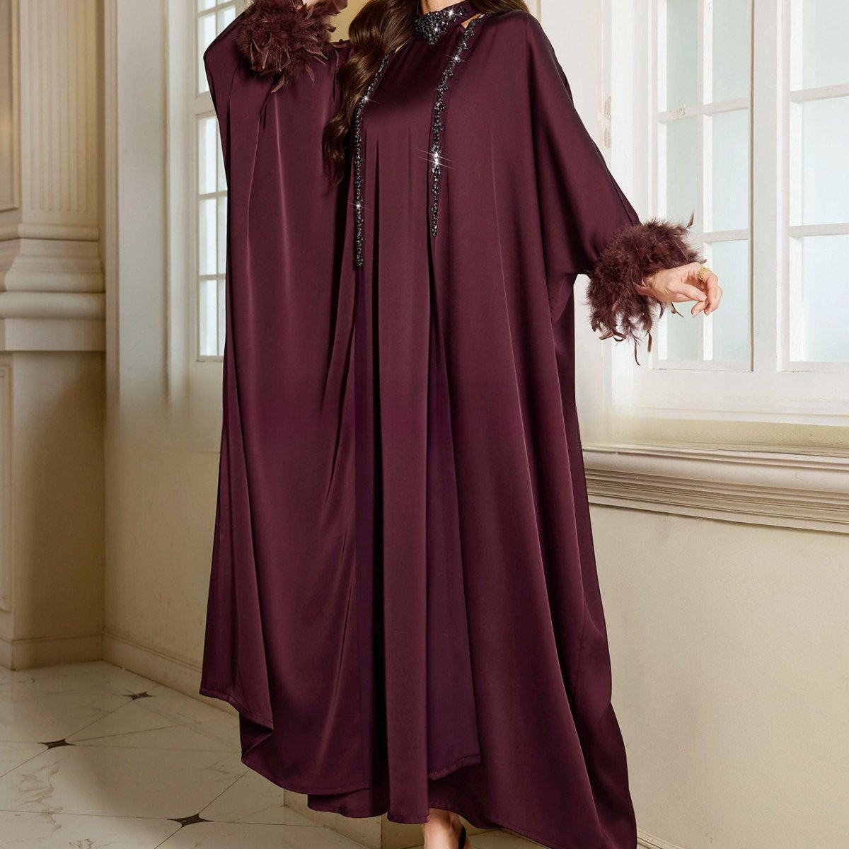 Luxe Satin Halter Dress & Feather Trim Cape Set(MOA250)