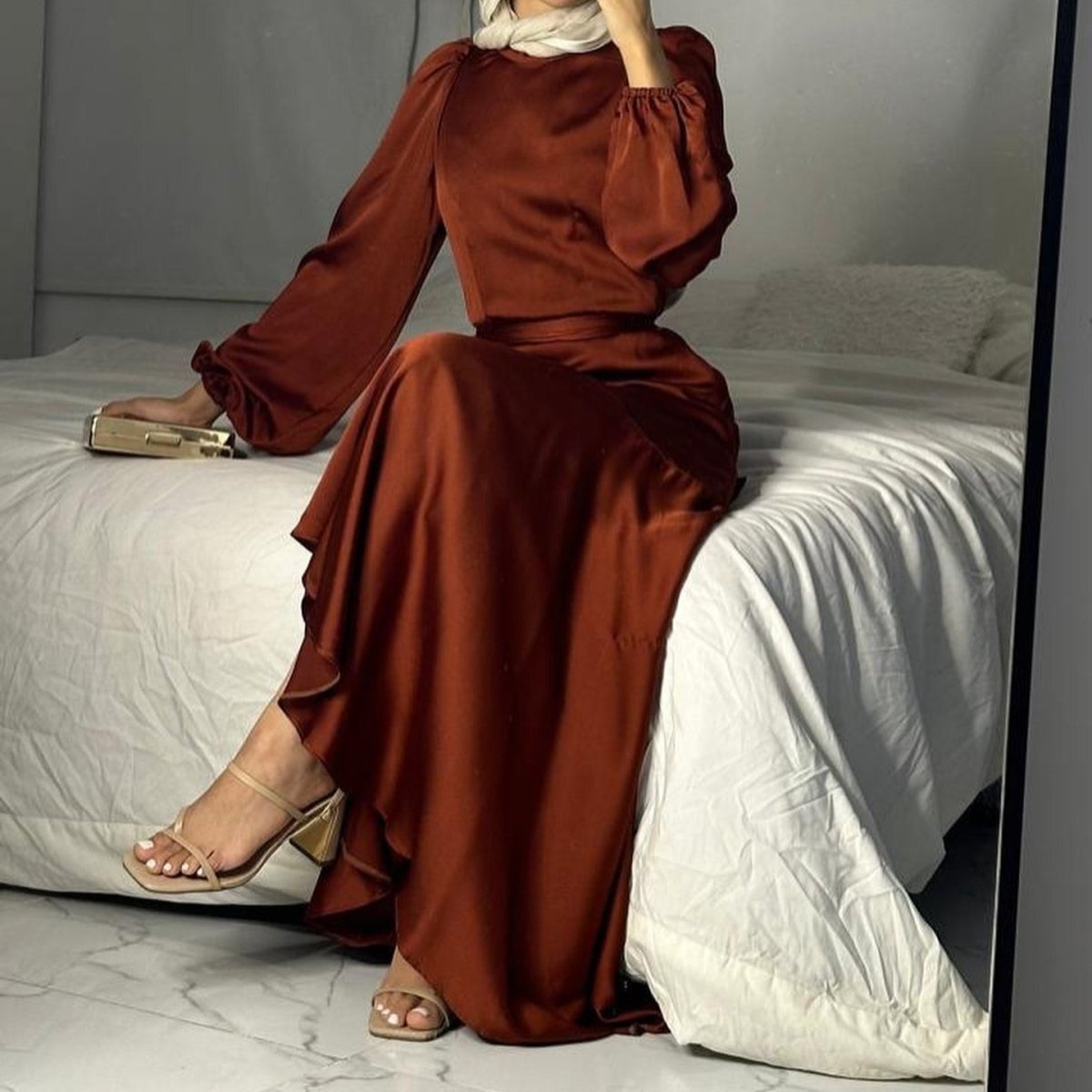 Luxe Satin Ruffle Hem Maxi Dress | Elastic Cuff Belted Abaya (MS187)
