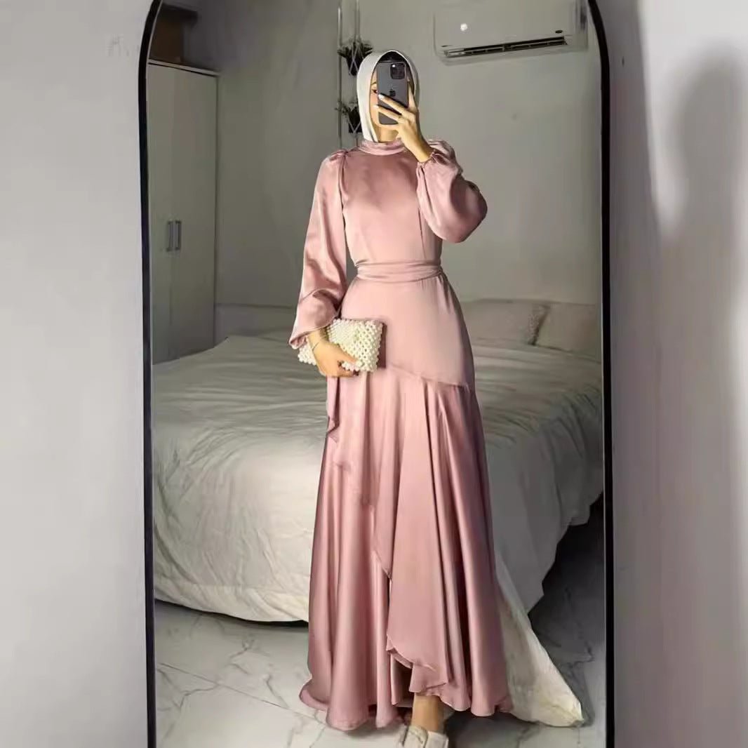 Luxe Satin Ruffle Hem Maxi Dress | Elastic Cuff Belted Abaya (MS187)