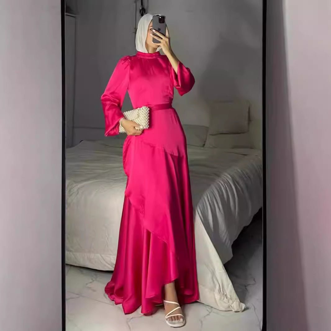 Luxe Satin Ruffle Hem Maxi Dress | Elastic Cuff Belted Abaya (MS187)