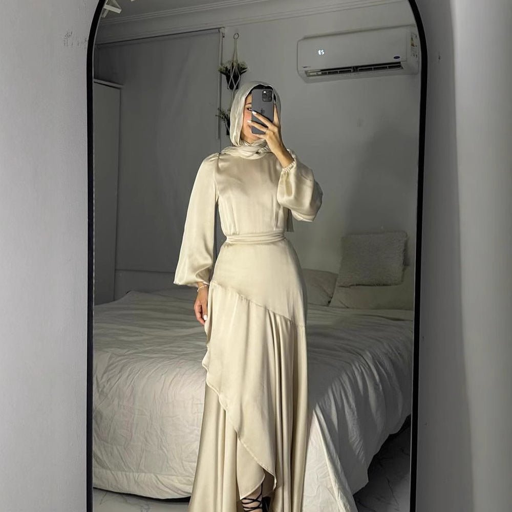 Luxe Satin Ruffle Hem Maxi Dress | Elastic Cuff Belted Abaya (MS187)