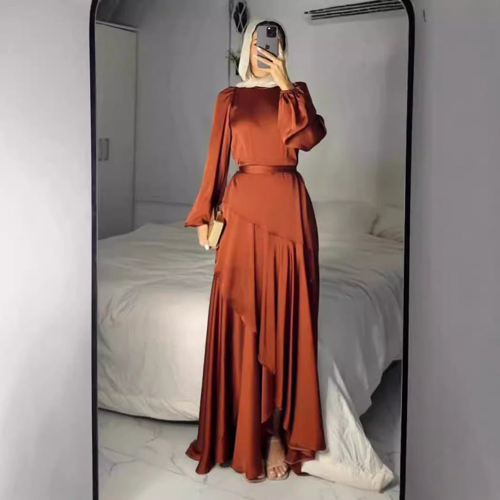 Luxe Satin Ruffle Hem Maxi Dress | Elastic Cuff Belted Abaya (MS187)