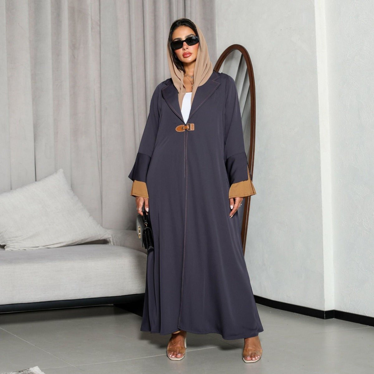 Luxe Suede Robe Dress | Navy Blue  Maxi with Gold Accents & Bell Sleeves (MOA200)