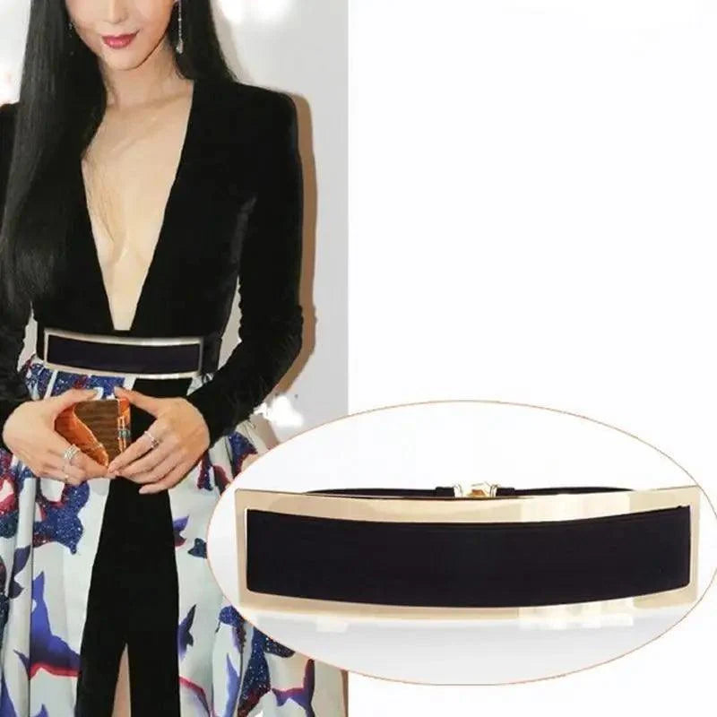 Luxurious Gold Wide Strap Elastic Belts For Women Elegant Metal Polished Plain Gold Belt Black Wide Strap Waistband for Women