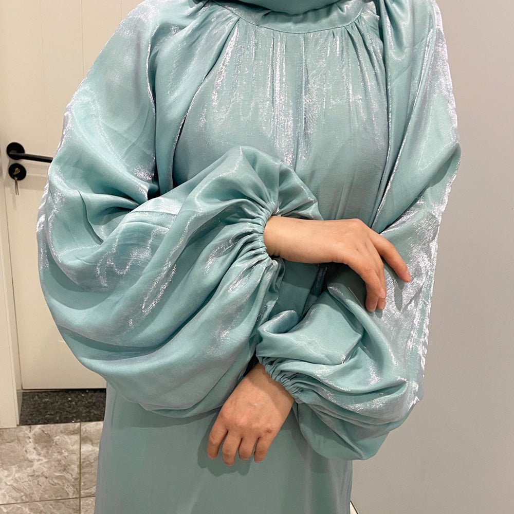 Luxurious Shimmer Abaya with Lantern Sleeves | Stand Collar Back Tie Maxi Dress(MA324)