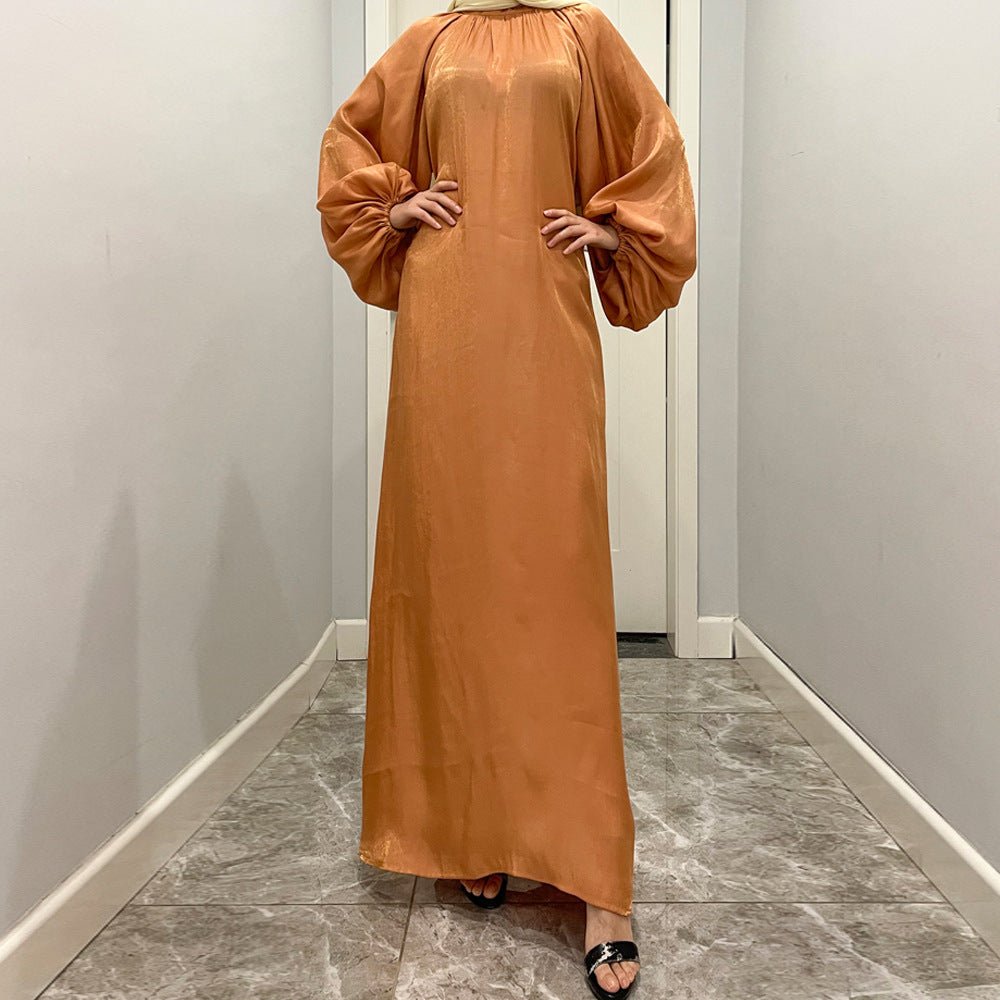 Luxurious Shimmer Abaya with Lantern Sleeves | Stand Collar Back Tie Maxi Dress(MA324)
