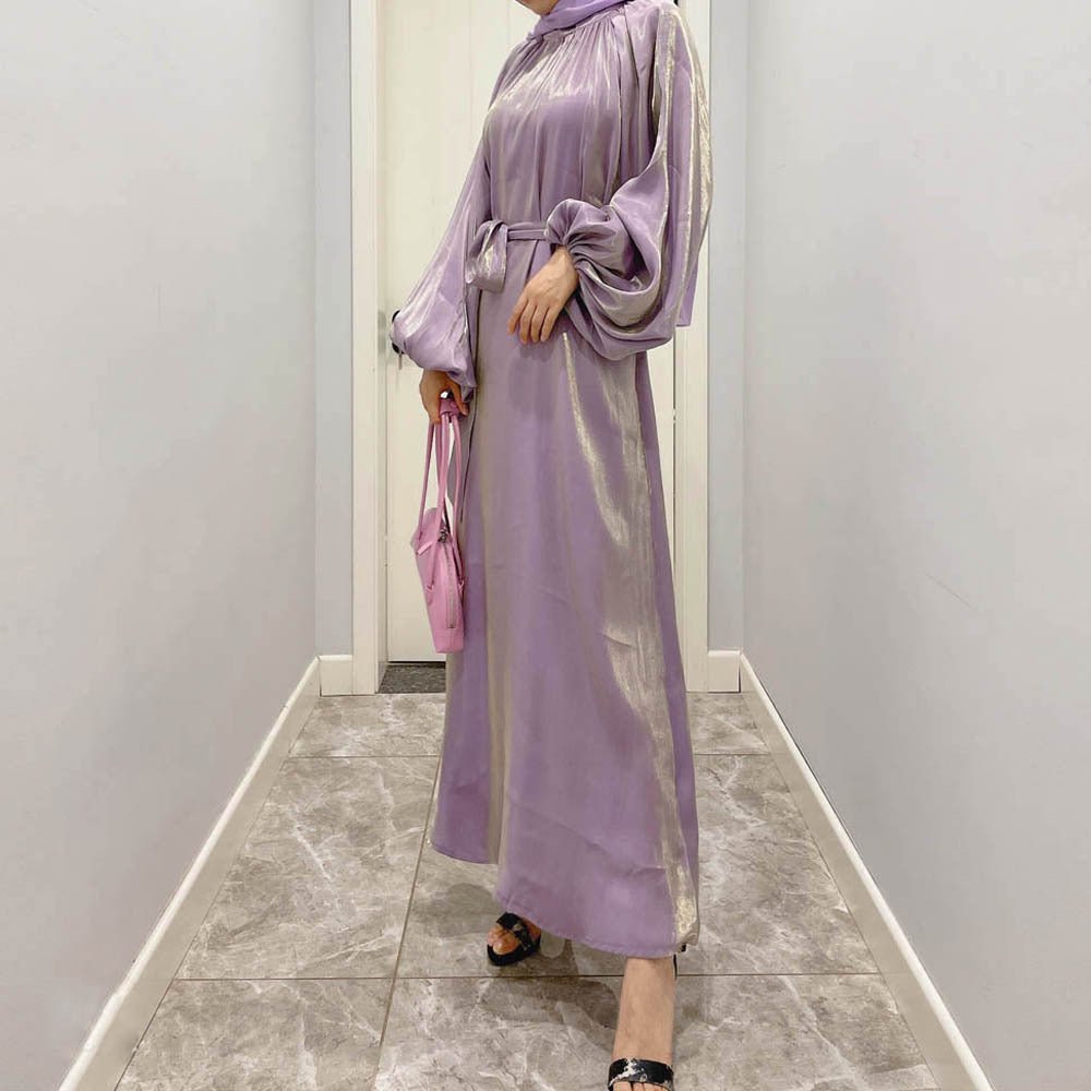 Luxurious Shimmer Abaya with Lantern Sleeves | Stand Collar Back Tie Maxi Dress(MA324)