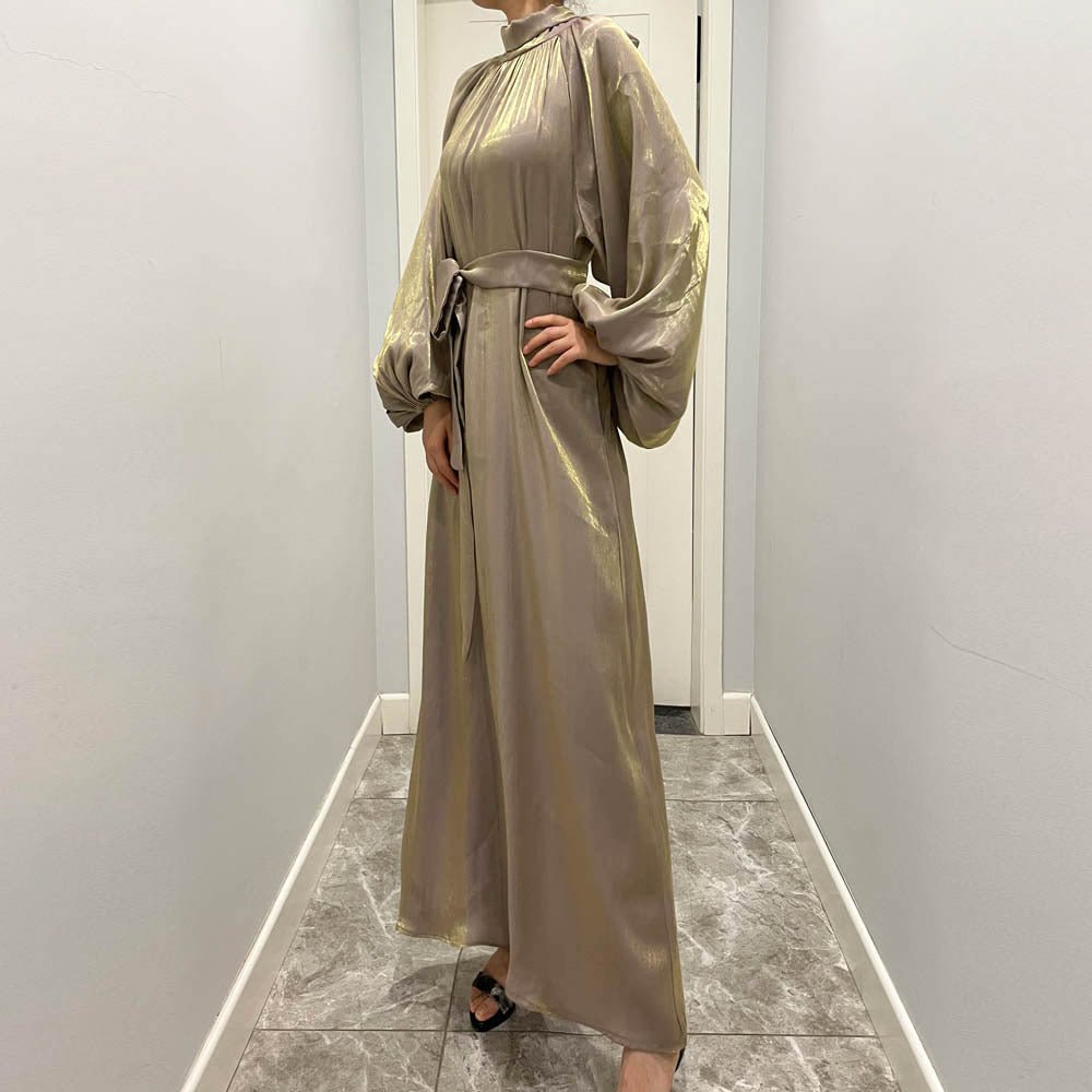 Luxurious Shimmer Abaya with Lantern Sleeves | Stand Collar Back Tie Maxi Dress(MA324)