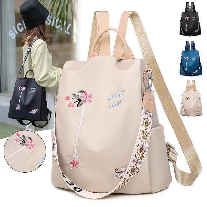 Cloth Backpack Female Embroidery Backpack Bag Nylon Anti-Theft Waterproof Women's Backpack Fashionable Anti-theft Women Backpacks Nice Print School Bag High Quality Large Capacity Backpack (