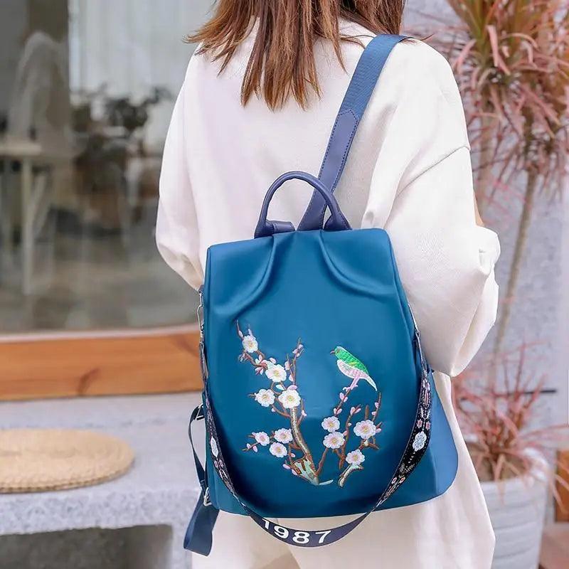 Cloth Backpack Female Embroidery Backpack Bag Nylon Anti-Theft Waterproof Women's Backpack Fashionable Anti-theft Women Backpacks Nice Print School Bag High Quality Large Capacity Backpack (