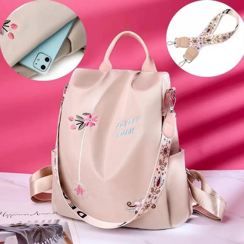 Cloth Backpack Female Embroidery Backpack Bag Nylon Anti-Theft Waterproof Women's Backpack Fashionable Anti-theft Women Backpacks Nice Print School Bag High Quality Large Capacity Backpack (