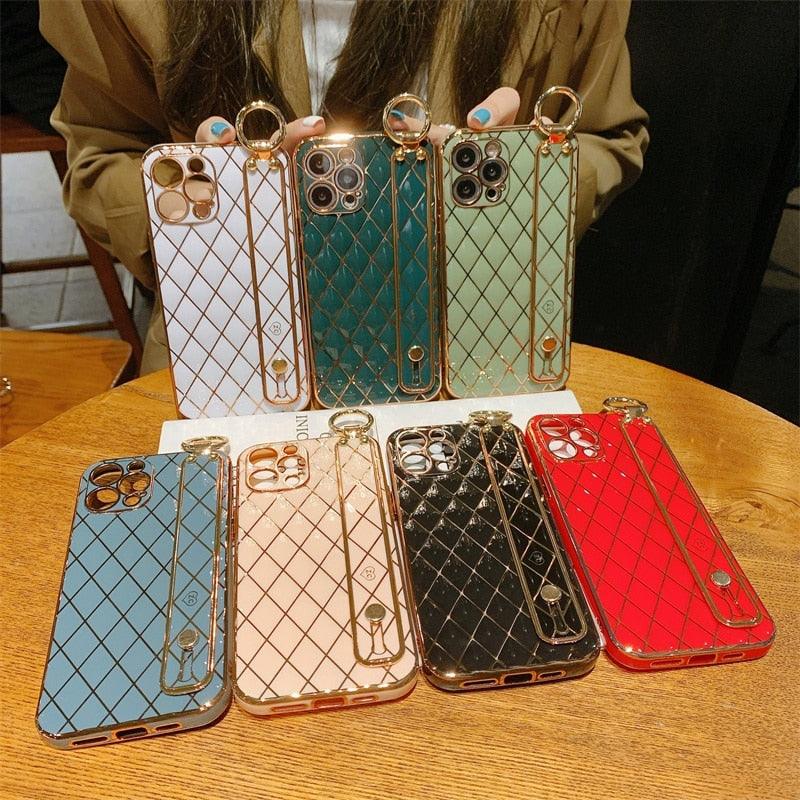 Luxury Blue Pink Gold Color Plating Soft Case Cell Phone Case For iPhone 11 12 13 Pro Max XS Max XR X 8 7 Plus Luxury Wrist Strap Plating Frame Geometric Soft Covers Bumper Iphone Case