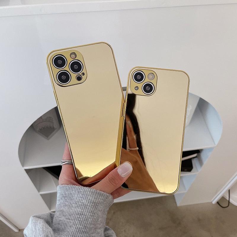 Luxury Clear Back Mirror Shock-Absorption Anti-Scratch Bright Reflection Protective Case Cover Silver Golden Mirror Shockproof Case for iPhone 14 13 12 Pro Max 11 X XR XS 8Plus iphone Hard Back Cover