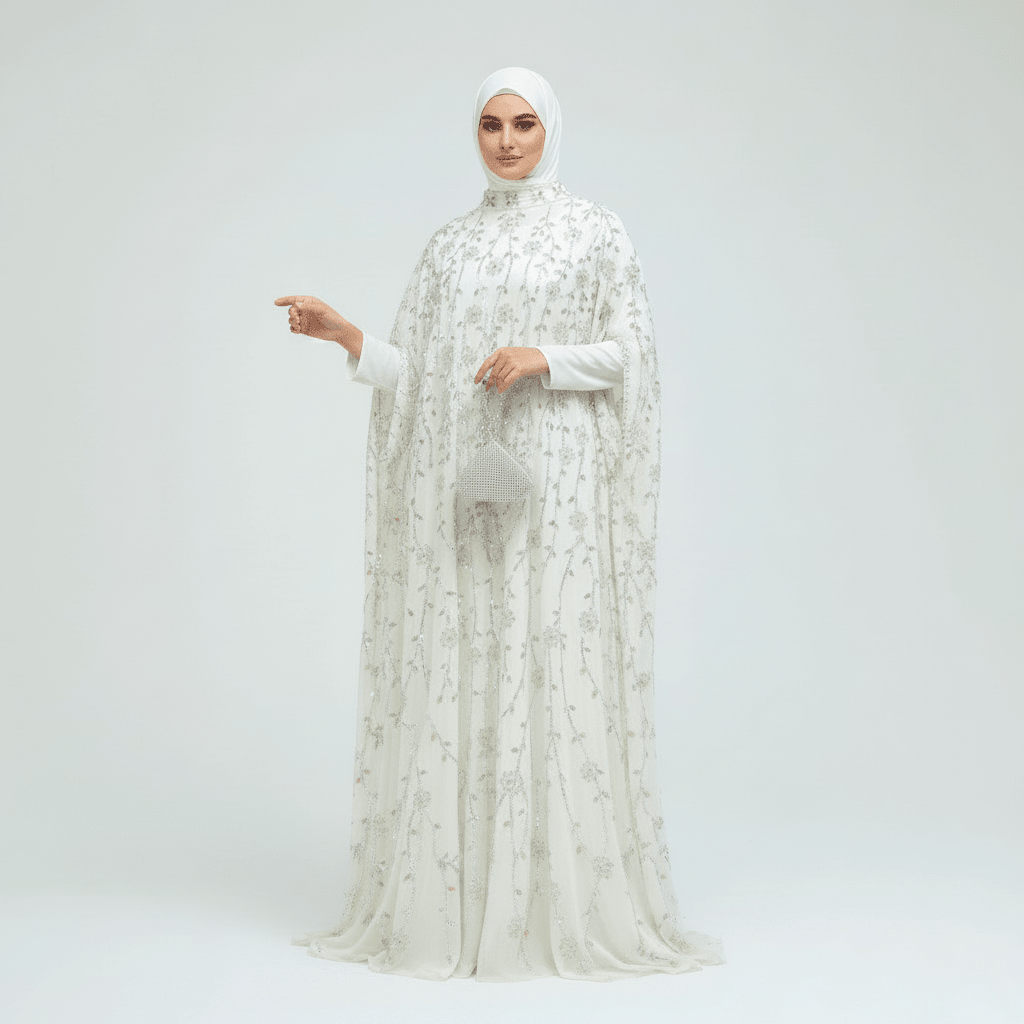Luxury Crystal Embellished Cape Abaya Set with Inner Dress (MA390)