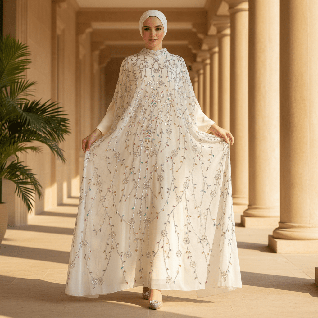 Luxury Crystal Embellished Cape Abaya Set with Inner Dress (MA390)