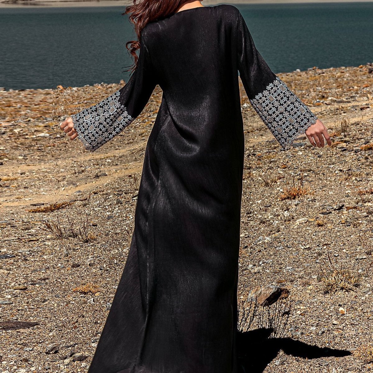Luxury Crystal & Pearl Embellished Abaya | V-Neck Nida Crepe Maxi Dress(MA343)