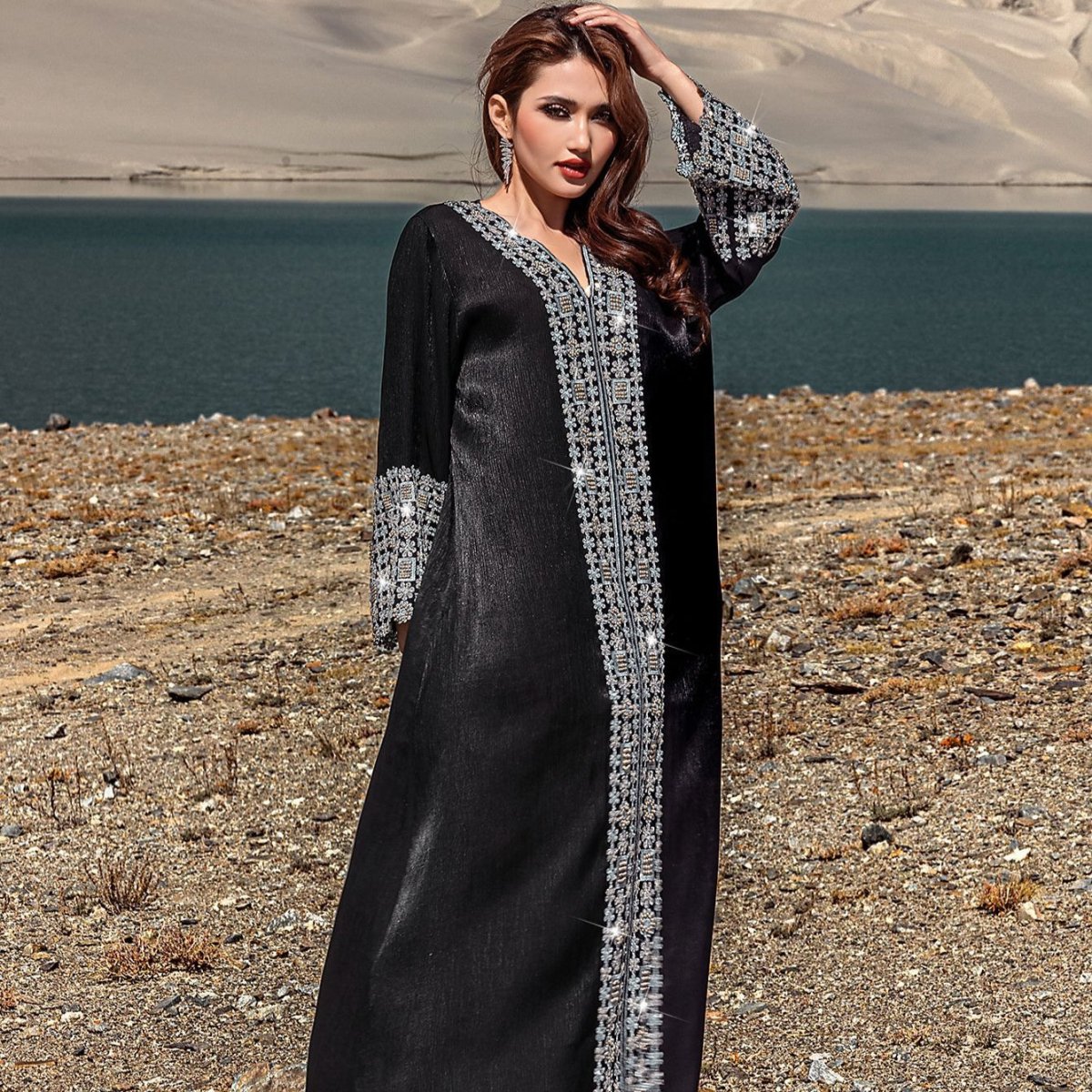 Luxury Crystal & Pearl Embellished Abaya | V-Neck Nida Crepe Maxi Dress(MA343)