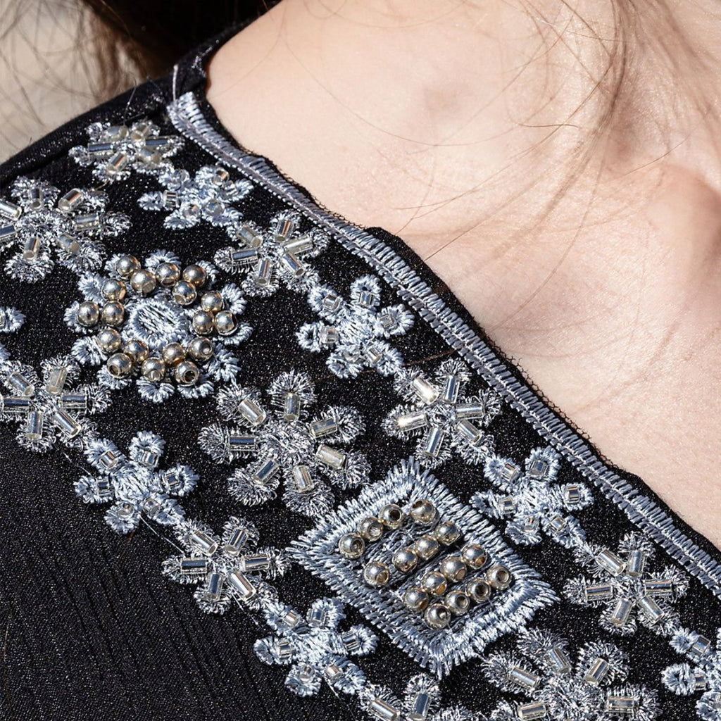Luxury Crystal & Pearl Embellished Abaya | V-Neck Nida Crepe Maxi Dress(MA343)