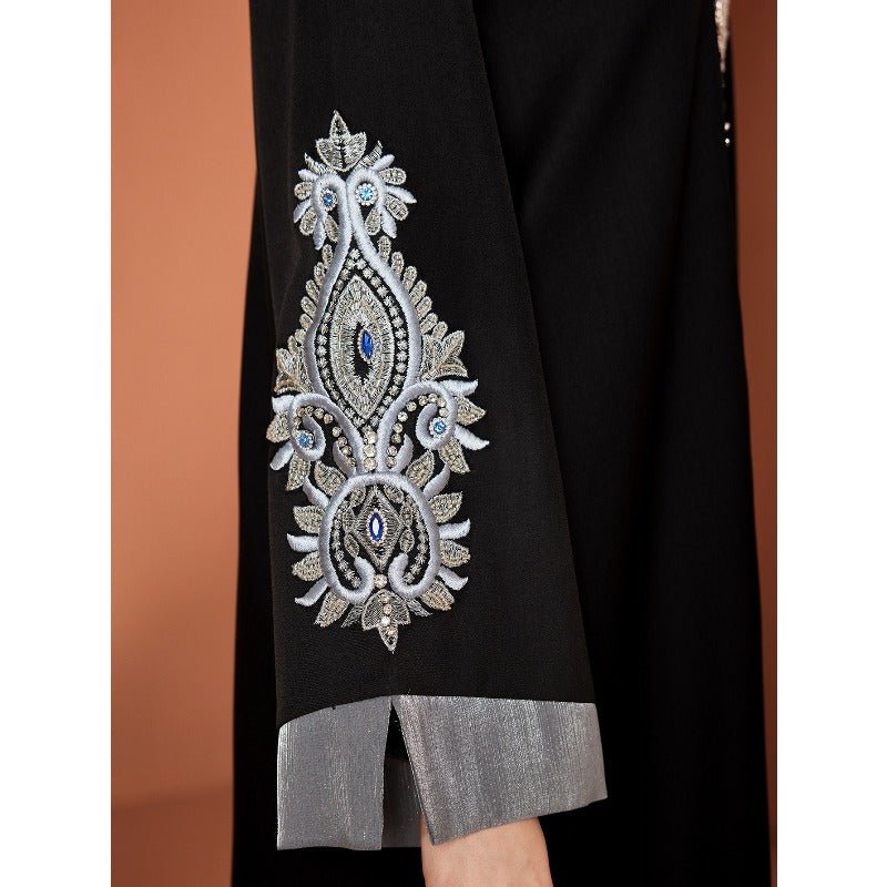 Luxury Embroidered Rhinestone Abaya | Open Front with Contrast Trim & Split Cuffs(MOA235)