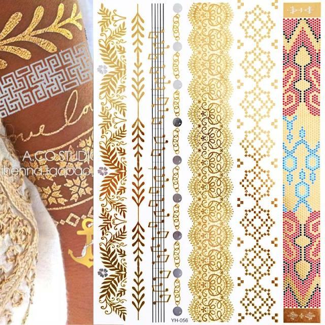 Luxury Flash Metallic Waterproof Temporary Tattoo Gold Silver Flower Tattoo Sticker Long Lasting Gold Design For Womens
