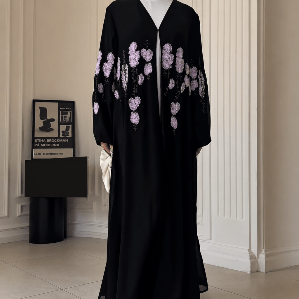 Luxury Floral Embroidered Double-Layer Chiffon Open Abaya(MOA308)