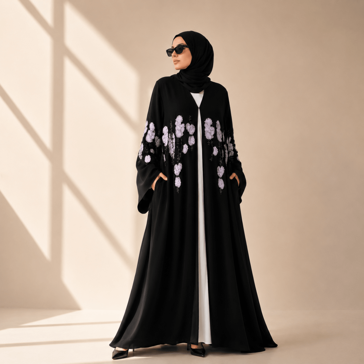 Luxury Floral Embroidered Double-Layer Chiffon Open Abaya(MOA308)