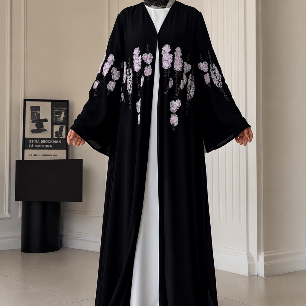 Luxury Floral Embroidered Double-Layer Chiffon Open Abaya(MOA308)