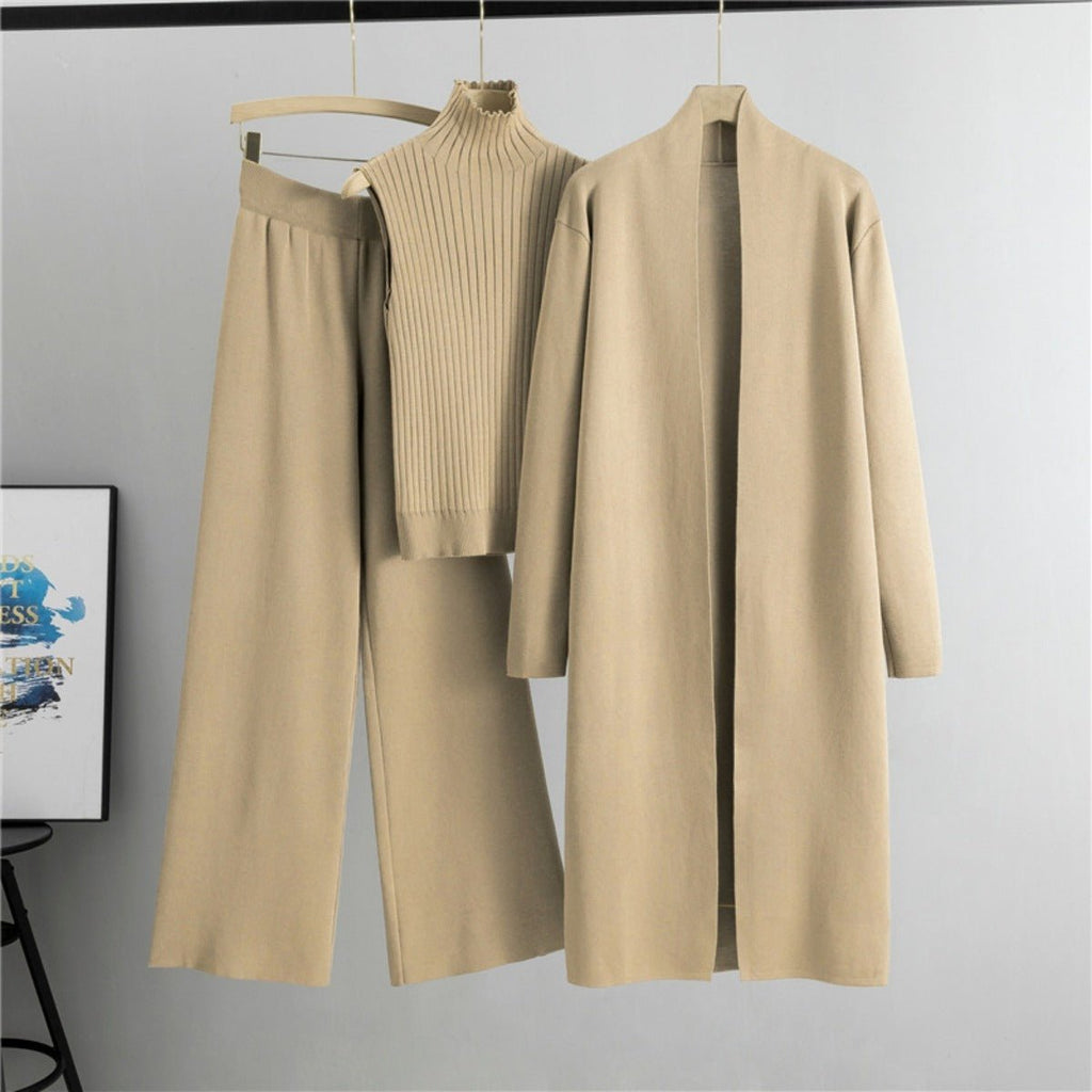 Luxury Knit Oversized Shawl Cardigan Three-Piece Set (MS090)
