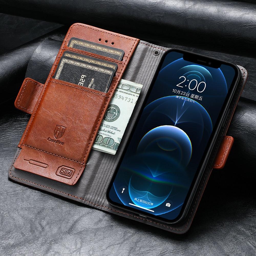 Luxury Leather Case For iPhone 13 11 12 14 Pro Max Mini Wallet Pocket Flip Case Cover Vintage Luxury Genuine Leather Fashion Business Classic Flip Case For Men