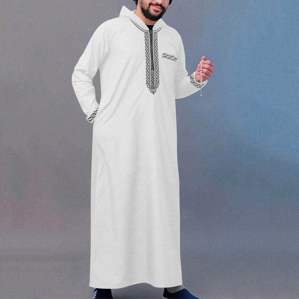 Luxury Loose Fit Hooded Premium Embroidered Men's Thobe Robe with Zipper & Islamic Calligraphy Design (MT024)