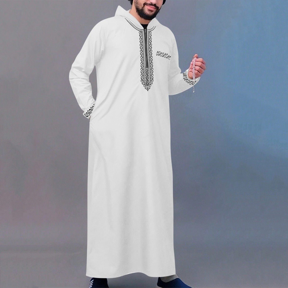 Luxury Loose Fit Hooded Premium Embroidered Men's Thobe Robe with Zipper & Islamic Calligraphy Design (MT024)