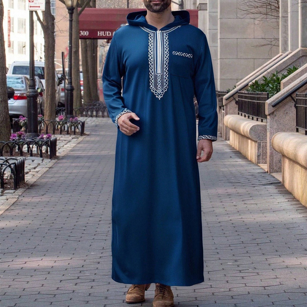 Luxury Loose Fit Hooded Premium Embroidered Men's Thobe Robe with Zipper & Islamic Calligraphy Design (MT024)