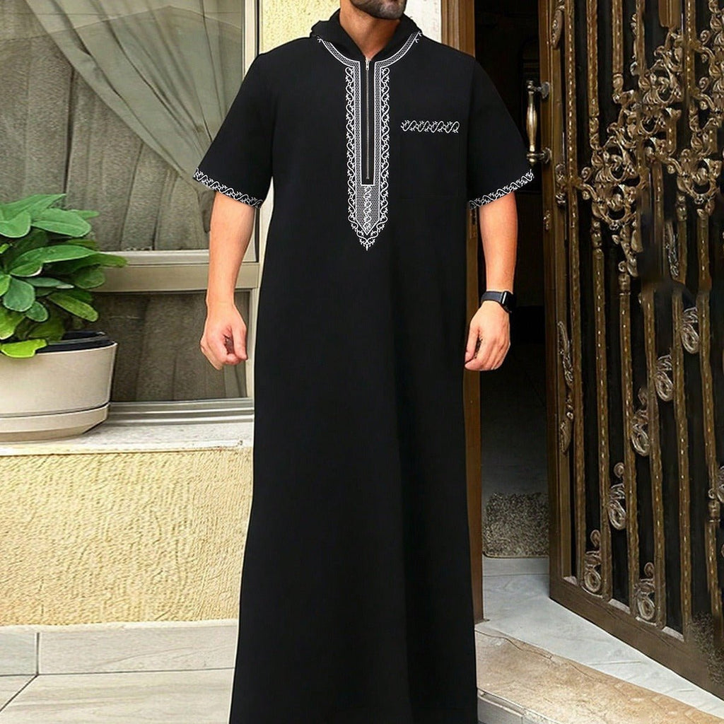 Luxury Loose Fit Hooded Premium Embroidered Men's Thobe Robe with Zipper & Islamic Calligraphy Design (MT024)