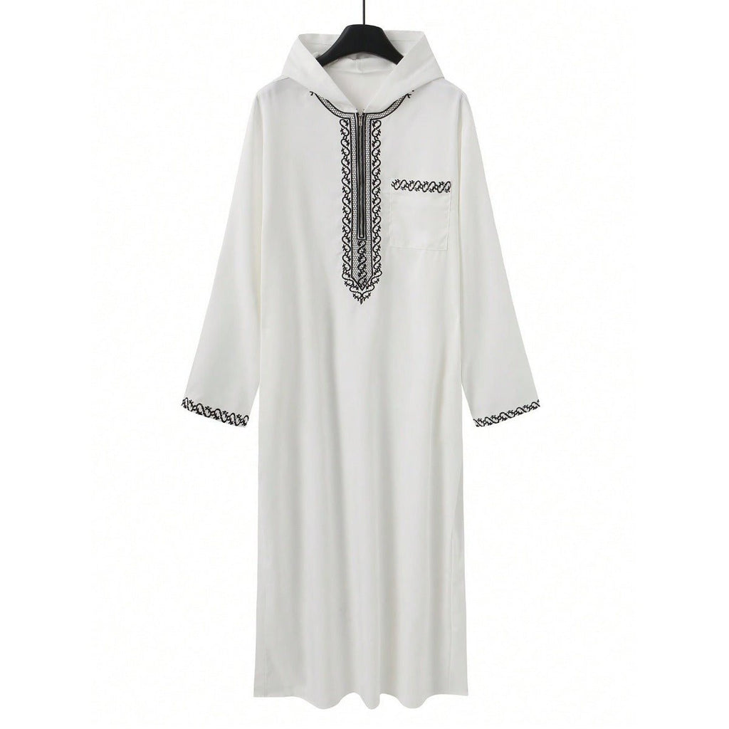 Luxury Loose Fit Hooded Premium Embroidered Men's Thobe Robe with Zipper & Islamic Calligraphy Design (MT024)