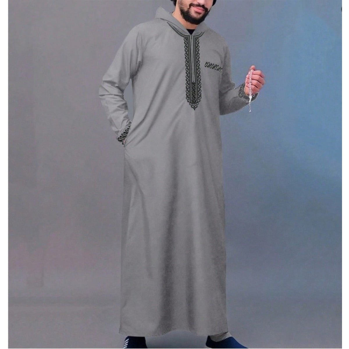 Luxury Loose Fit Hooded Premium Embroidered Men's Thobe Robe with Zipper & Islamic Calligraphy Design (MT024)