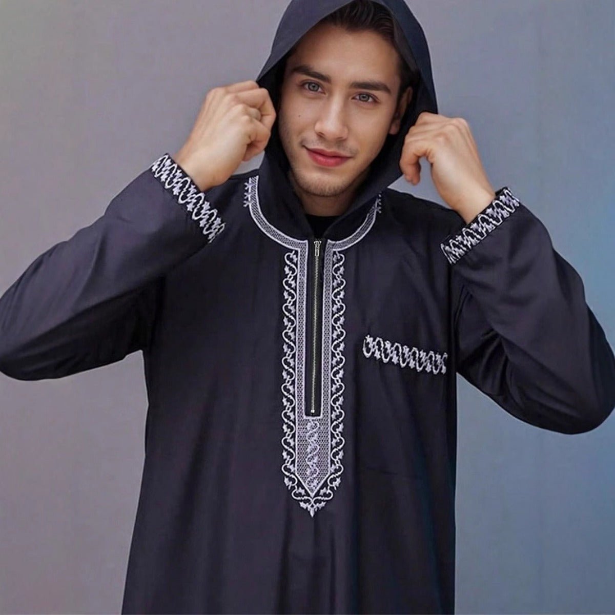 Luxury Loose Fit Hooded Premium Embroidered Men's Thobe Robe with Zipper & Islamic Calligraphy Design (MT024)