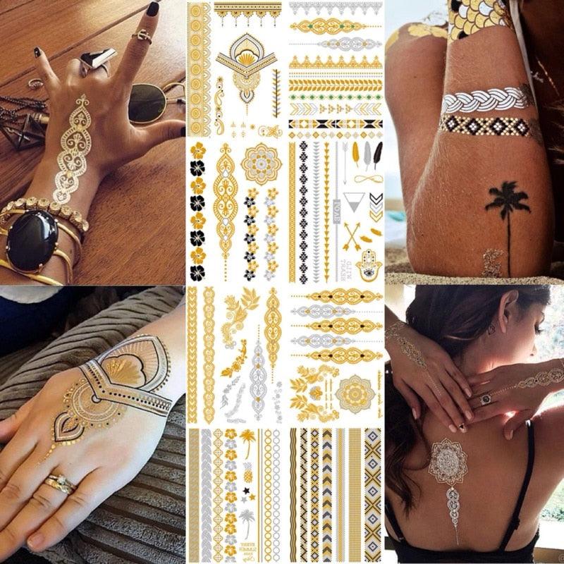Luxury Metallic Gold Waterproof Temporary Tattoo Feather Elephant Fashion Different Design Tattoos For Womens