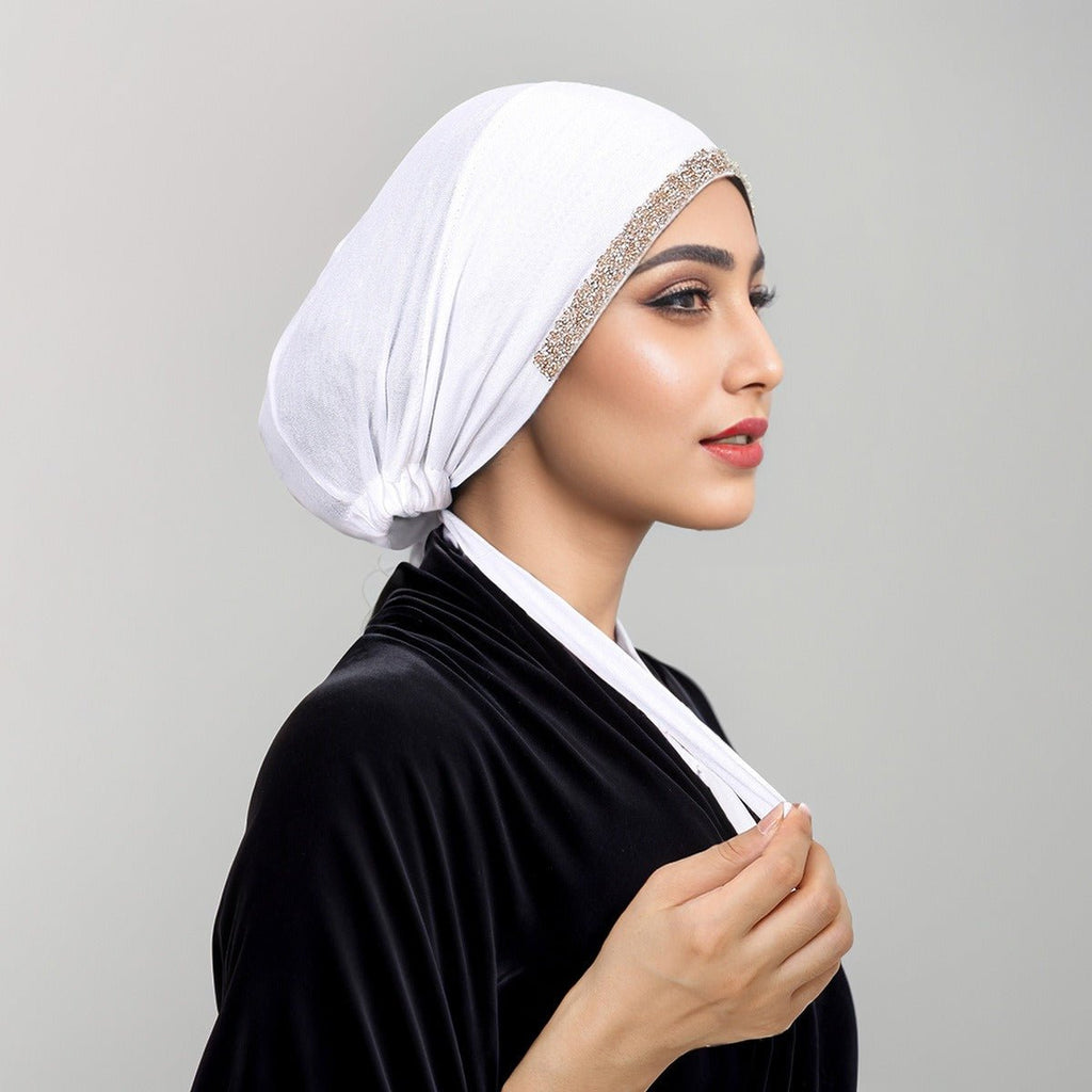 Luxury Mercerized Cotton Hijab Cap Crystal-Embellished Elastic Lace-Up Undercap with Breathable Design (MH115)