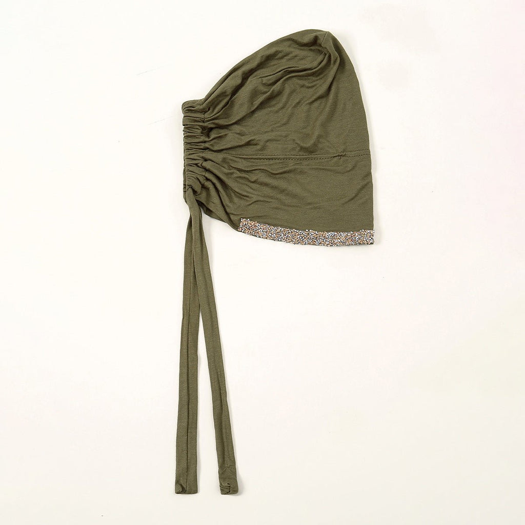 Luxury Mercerized Cotton Hijab Cap Crystal-Embellished Elastic Lace-Up Undercap with Breathable Design (MH115)