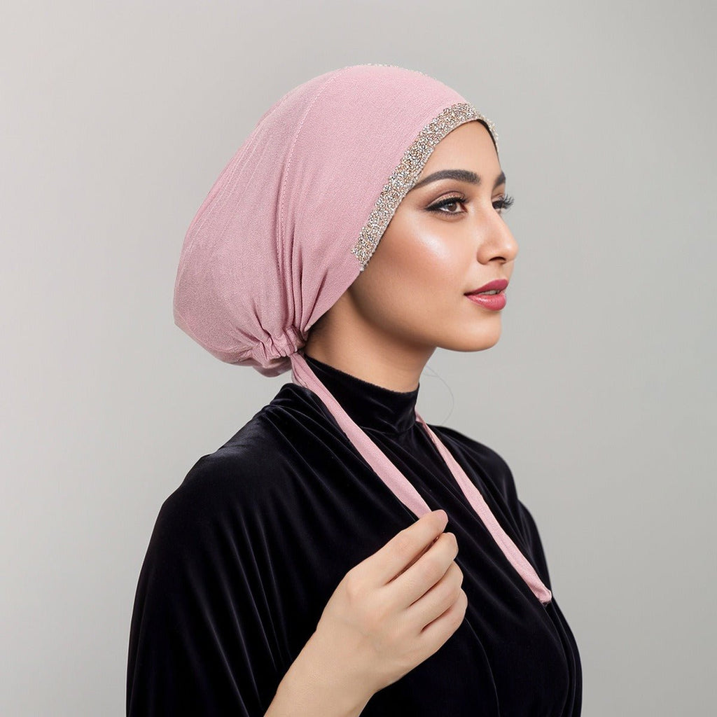 Luxury Mercerized Cotton Hijab Cap Crystal-Embellished Elastic Lace-Up Undercap with Breathable Design (MH115)