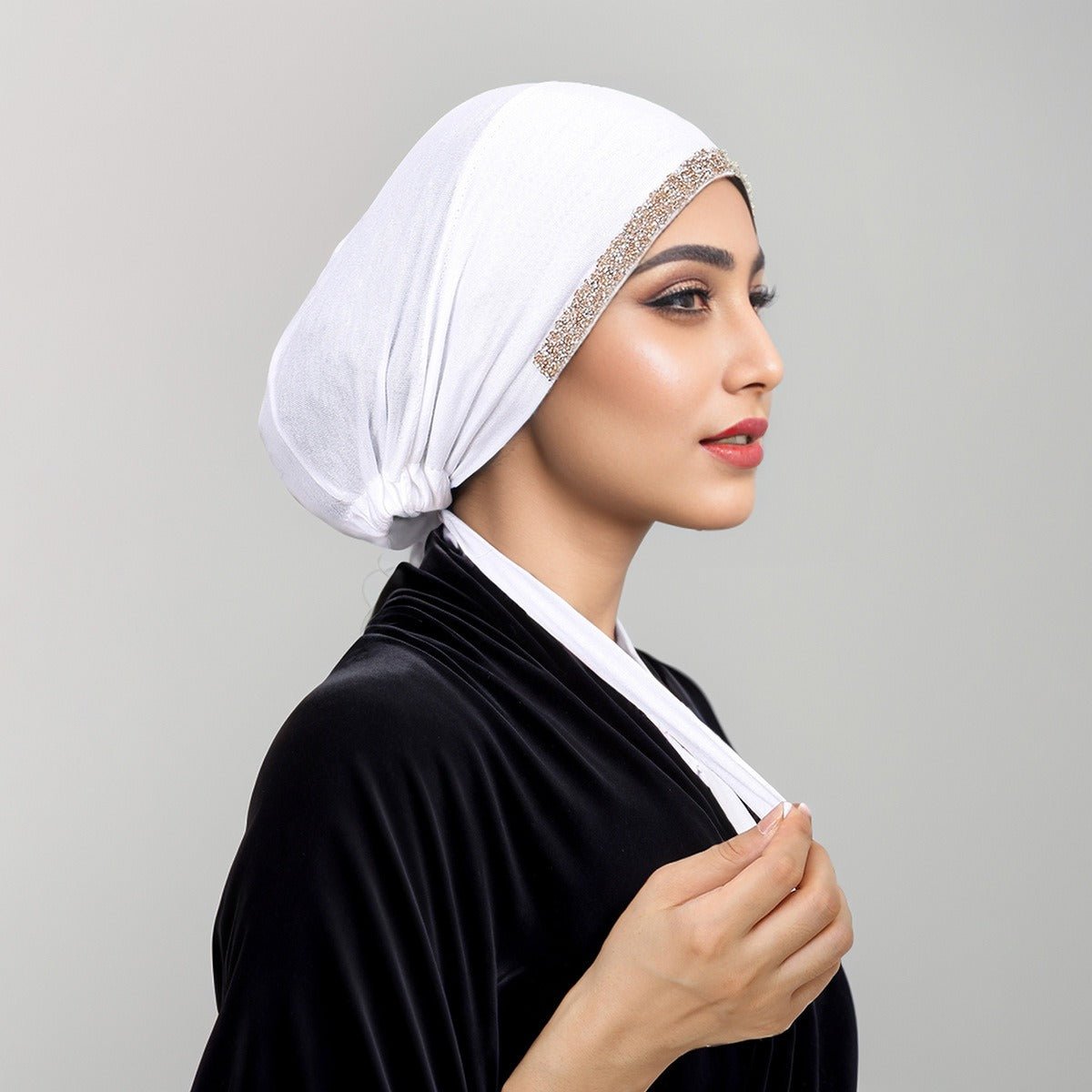 Luxury Mercerized Cotton Hijab Cap Crystal-Embellished Elastic Lace-Up Undercap with Breathable Design (MH115)